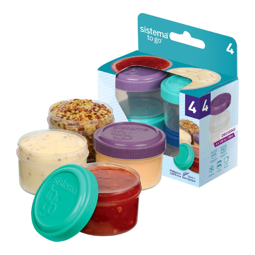 sistema dressing pots to go food container sauce pots with lids 35 ml bpa free blue, green, pink & purple lids recyclable with terracycle 4 count sistema dressing pots to go food container sauce pots with lids 35 ml bpa free blue, green, pink & purple lids recyclable with terracycle 4 count